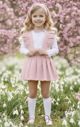 Детски Комплект трико за момиче от сукман в розово Гери с къдрички  и бяла блузка с дълъг ръкав с къдрички с розов завършек
