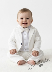 Официален бебешки летен костюм за момче от 4 части в екрю- сако в ,боди- риза в бяло, панталон и папийонка в екрю