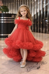 Официална празнична детска рокля Мелиса в червено с ефирен тюл на пластове с шлейф