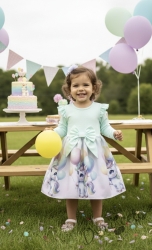 Детска рокля в тюркоаз с къдрички, панделка и еднорог