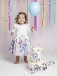 Детска рокля в екрю с къдрички, панделка и еднорог