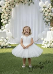 Детска официална рокля Крис с къс ръкав от дантела и тюл в бяло от колекция Снежина