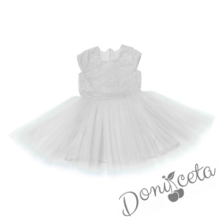 Детска официална рокля Крис с къс ръкав от дантела и тюл в бяло от колекция Снежина