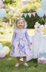 Бебешка или детска рокля в лилаво с дълъг ръкав с къдрички, панделка и еднорог