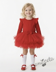 Комплект от 2 части-детска туту пола пачка в червено и блузка с дълъг ръкав в червено с къдрички на рамената и бието 