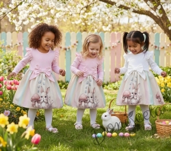 Бебешка или детска рокля в розово с къдрички, панделка и зайче