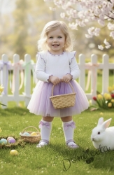 Детска ежедневна рокля с дълъг ръкав в бяло и лилаво с къдрички с кант в лилаво на рамената Оливия от колекция Лилавина