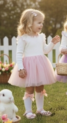 Детска ежедневна рокля с дълъг ръкав в бяло и розово с къдрички с кант в розово на рамената Оливия