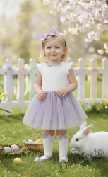 Детска ежедневна рокля без ръкав в бяло и лилаво с къдрички с кант в лилаво на рамената Оливия от колекция Лилавина