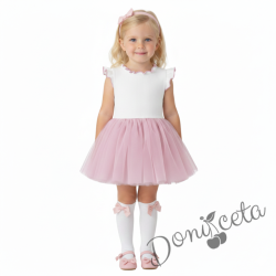 Детска ежедневна рокля без ръкав в бяло и розово с къдрички с кант в розово на рамената Оливия 