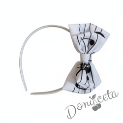  Диадема за коса с панделка с ноти в бяло с черни нотички