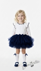 Комплект от 2 части-детска туту пола пачка в тъмносиньо и блузка с дълъг ръкав в бяло с къдрички на рамената и бието с тъмносин кант