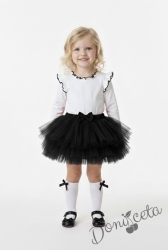 Комплект от 2 части-детска туту пола пачка в черно и блузка с дълъг ръкав в бяло с къдрички на рамената и бието с черен кант