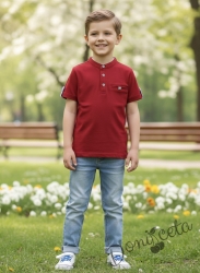 Детска блуза за момче в червено с къс ръкав и бежови копчета Ерик