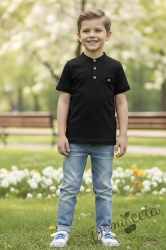 Детска блуза за момче в черно с къс ръкав и бежови копчета Ерик