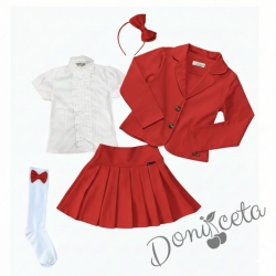 Комплект от 5 части пола Гери, сако в червено, ризка в бяло с къс ръкав, чорапи с панделка  в червено и диадема