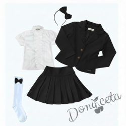 Комплект от 5 части пола Гери, сако в черно, ризка в бяло с къс ръкав, чорапи с панделки и диадема 