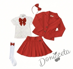 Комплект от 6 части пола Гери, сако в червено, ризка в бяло с къс ръкав, чорапи с панделки,  панделка в червено за ризка и диадема
