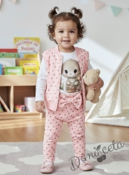 Бебешки или детски комплект от 3 части – блузка с дълъг ръкав в бяло с къдрички, панталон в розово на бели точки с панделка на ластика и елек