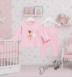 Бебешки комплект за момиче  от две части блузка с дълъг ръкав и къдрички  с панталон в розово