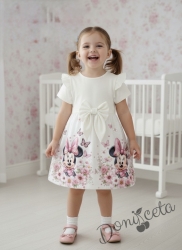 Детска рокля в екрю с къс ръкав, къдричка и панделка и с картинка 