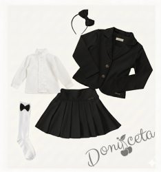 Комплект от 5 части пола Гери, сако в черно, ризка в бяло с дълъг ръкав, чорапи с панделка в черно и диадема