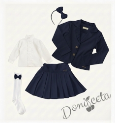 Комплект от 5 части пола Гери, сако в тъмносиньо, ризка в бяло с дълъг ръкав, чорапи с панделка в тъмносиньо и диадема