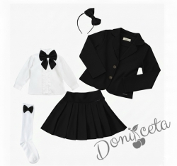 Комплект от 6 части пола Гери, сако в черно, ризка в бяло с дълъг ръкав, чорапи с панделка в черно, диадема iи панделка за ризка