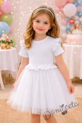 Детска официална или ежедневна рокля с къс ръкав в бяло с къдрички на рамената