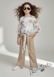 Стилен комплект за момиче от 3 части-панталон в бежово, риза с  бежови цветя и аксесоар