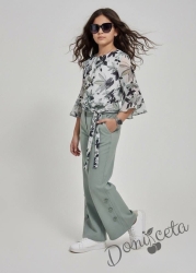 Стилен комплект за момиче от 3 части-панталон в тюркоаз, риза с цветя и аксесоар