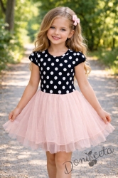 Детска рокля с къс ръкав на точки и тюл в прасковено