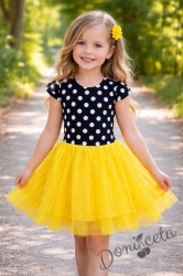 Детска рокля с къс ръкав на точки и тюл в жълто