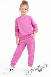 Спортен комплект за момиче от горнище и долнище в розово с панделки