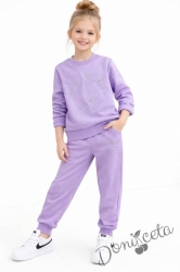 Спортен комплект за момиче от горнище и долнище в лилаво с панделки