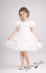 Официална детска рокля Розана с къс ръкав с 3D рози и богат тюл в бяло от колекция Снежина