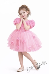 Официална детска рокля Розана с къс ръкав с 3D рози и богат тюл в розово