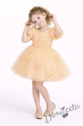 Официална детска рокля Розана с къс ръкав с 3D рози и богат тюл в жълто