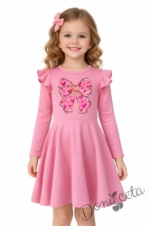 Детска рокля с дълъг ръкав в розово с къдрички и панделка