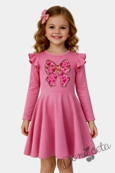 Детска рокля с дълъг ръкав в циклама с къдрички и панделка