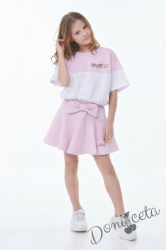 Комплект за момиче от 2 части- пола панталон в розово и блуза с къс ръкав