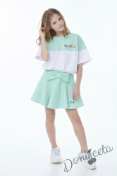 Комплект за момиче от 2 части- пола панталон в зелено и блуза с къс ръкав