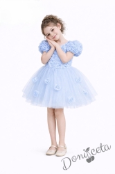 Официална детска рокля Розана с къс ръкав с 3D рози и богат тюл в светлосиньо