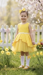Детска официална рокля Надежда в жълто на точки тип клош с тюл в жълто олтдолу