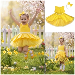 Детска официална памучна рокля  Надежда в жълто на точки тип клош с тюл и диадема за коса в жълто на точки