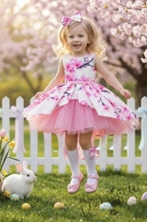 Детска официална памучна рокля Надежда с цветя в розово с тюл и коланче в розово