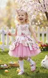 Детска официална рокля Надежда с розови цветя тип клош с тюл в розово
