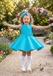 Официална детска/бебешка рокля в тюркоаз тип клош с панделка 