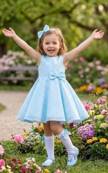 Официална или ежедневна детска или бебешка памучна рокля в светлосиньо на бели точки тип клош Вилина