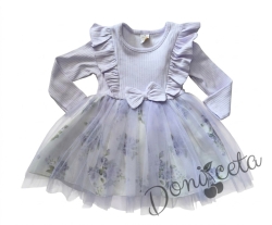 Детска ежедневна рокля с дълъг ръкав в лилавос къдрички и тюл в долната част